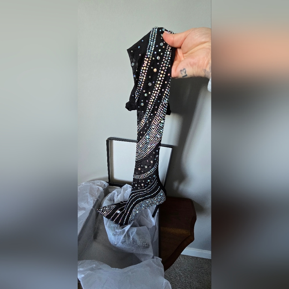 Black Crystal Embellished Over-the-Knee Boots